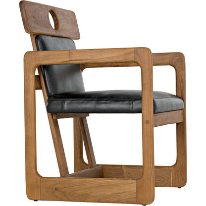 Buraco Arm Chair by Noir in clear coat gloss teak. Made from teak and black leather in a modern style.