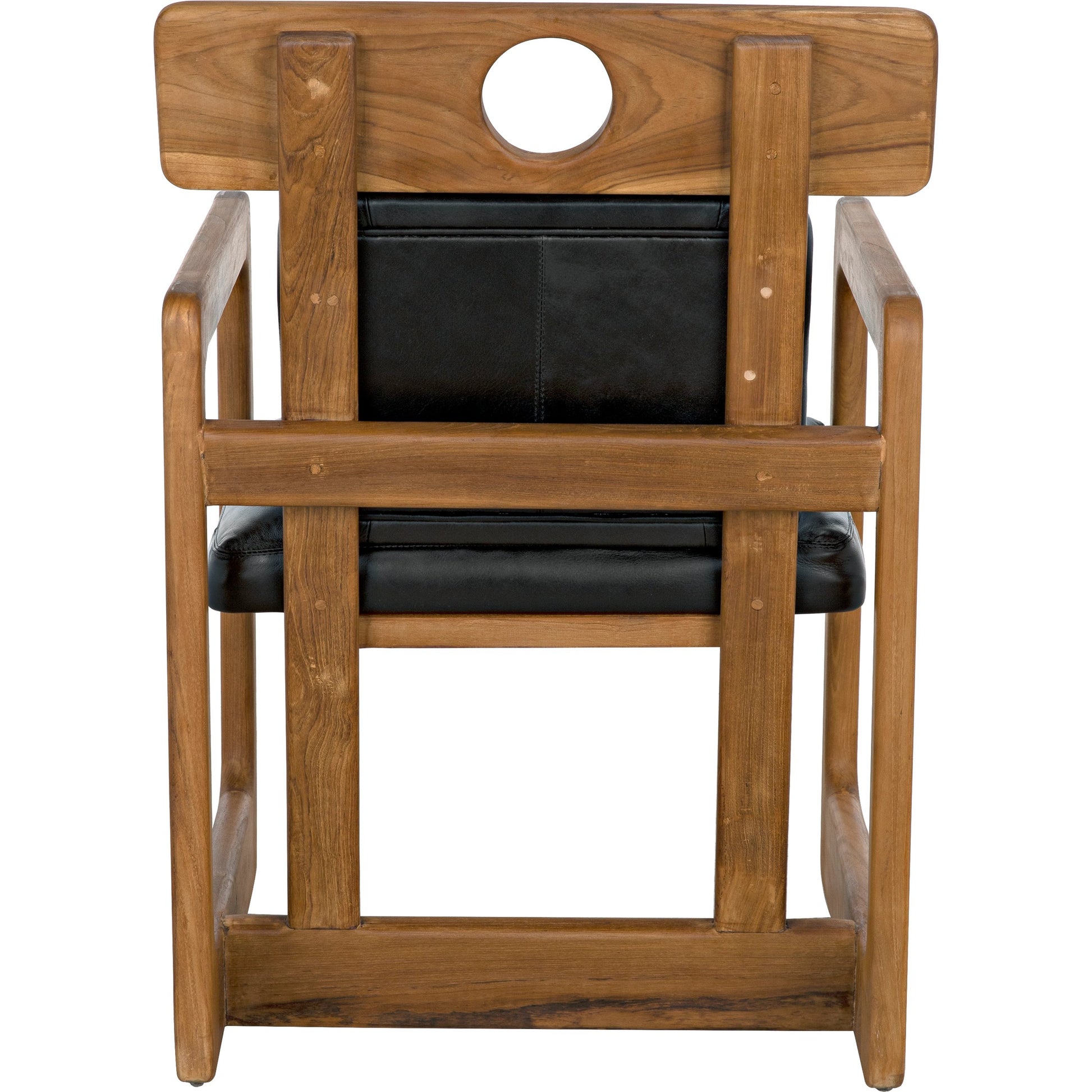 Buraco Arm Chair by Noir in clear coat gloss teak. Made from teak and black leather in a modern style.