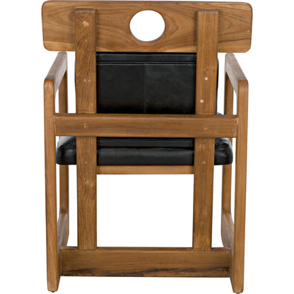 Buraco Arm Chair by Noir in clear coat gloss teak. Made from teak and black leather in a modern style.