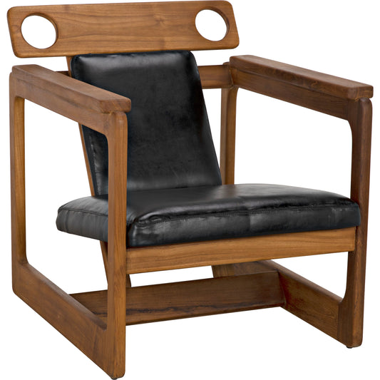 Buraco Relax Chair by Noir in clear coat gloss teak. Made from teak and black leather in a modern style.