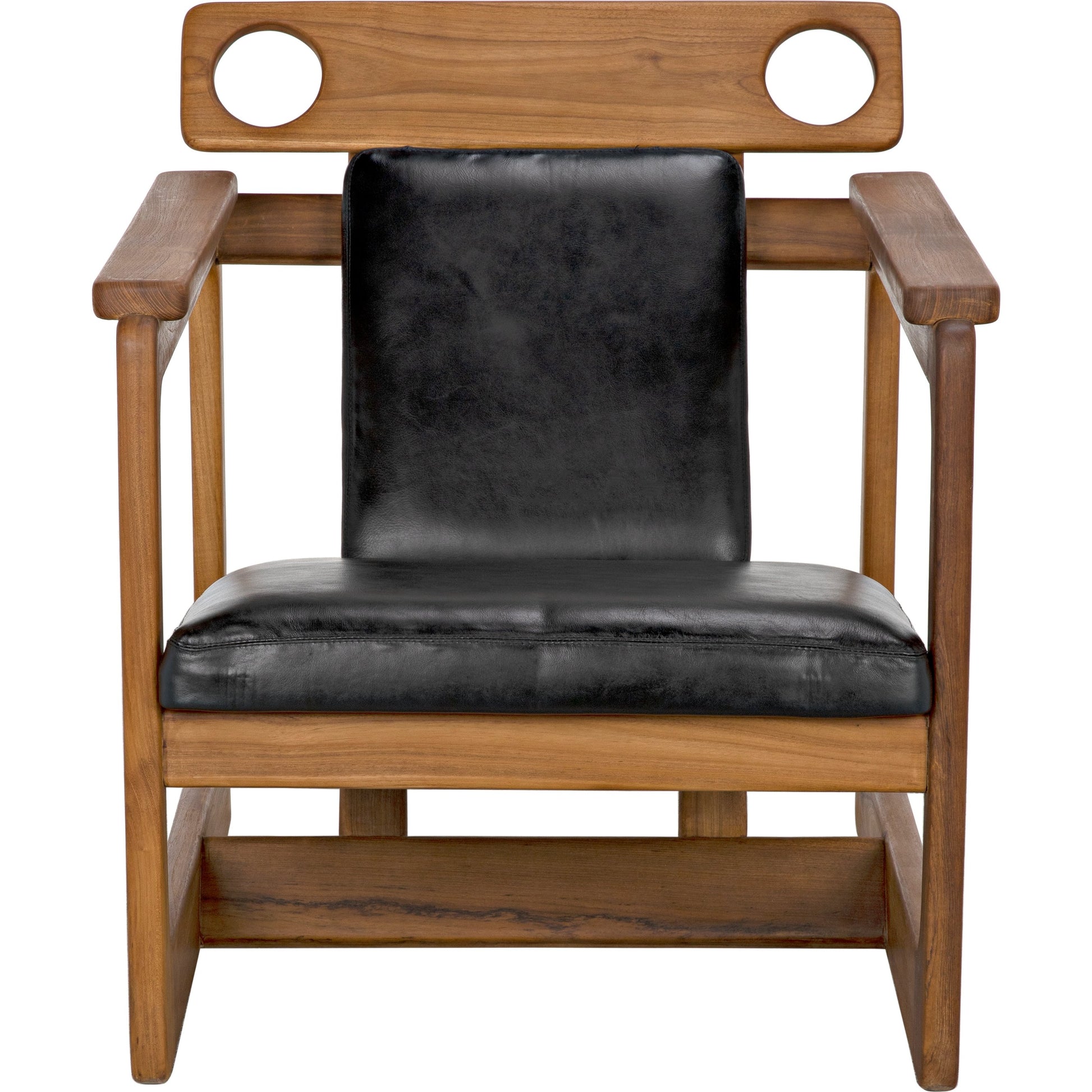 Buraco Relax Chair by Noir in clear coat gloss teak. Made from teak and black leather in a modern style.