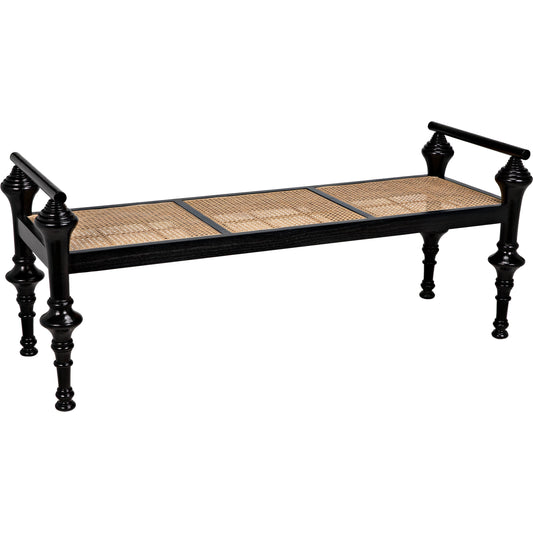 Indochine Bench by Noir in charcoal black. Made from sungkai and caning in a cottage & farmhouse style.