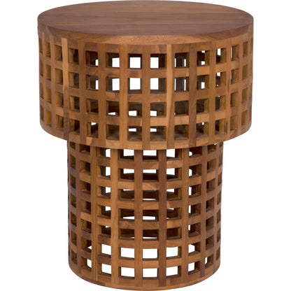 Flynn Side Table by Noir in natural teak. Made from teak and caning, flat clear coat in a cottage & farmhouse style.