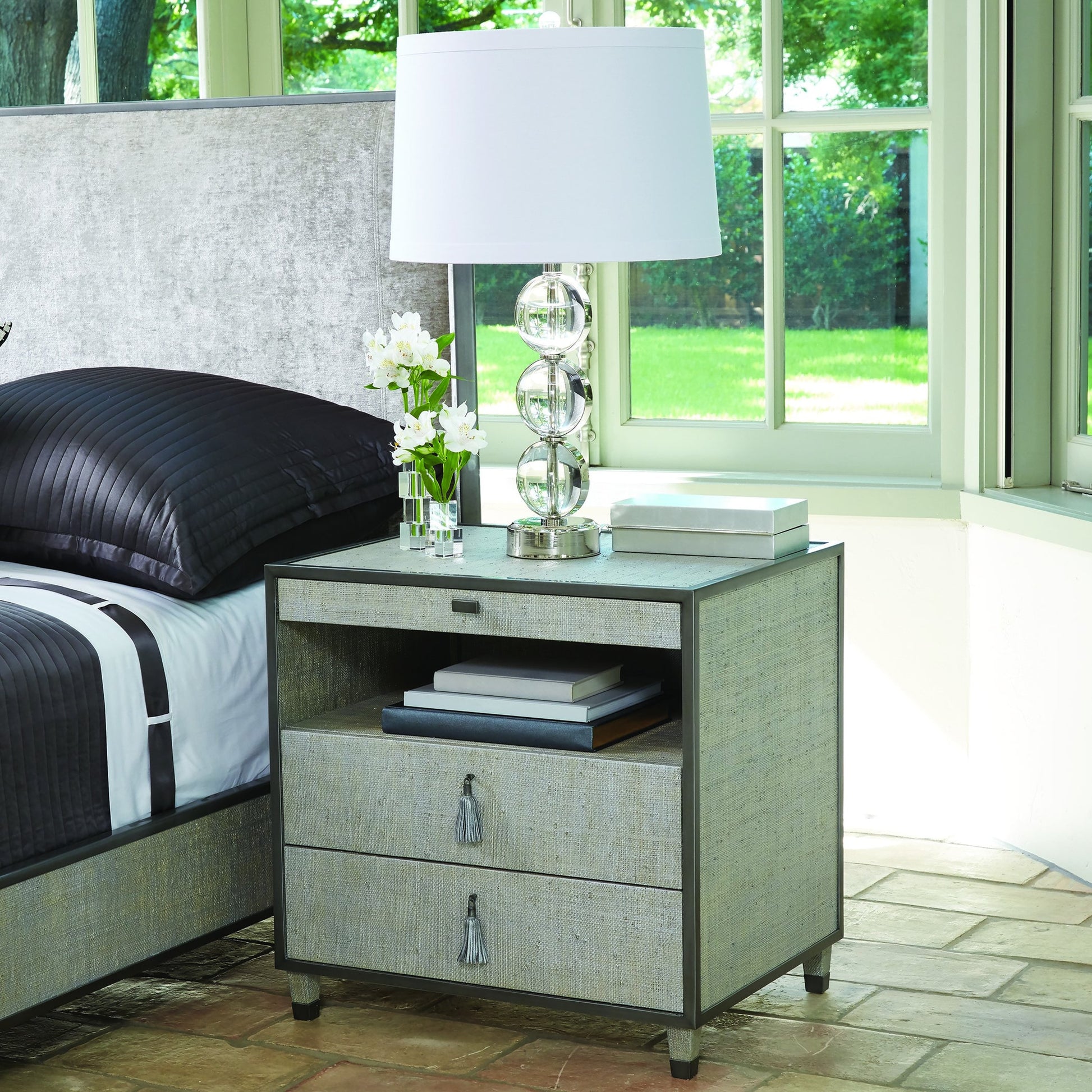 Argento Bedside Chest by Global Views in pewter. Made from acacia, beech, mdf, poplar, raffia, steel in a transitional style.