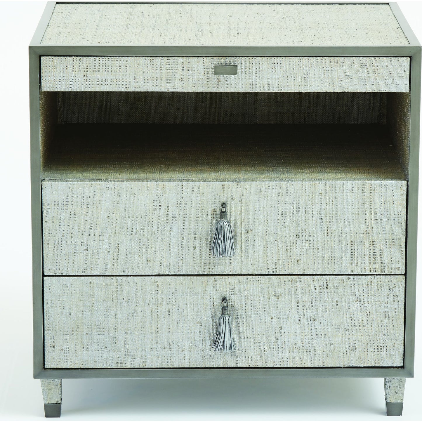 018 SR-700748 | Unknown | Argento Bedside Chest by Global Views in pewter. Made from acacia, beech, mdf, poplar, raffia, steel in a transitional style.