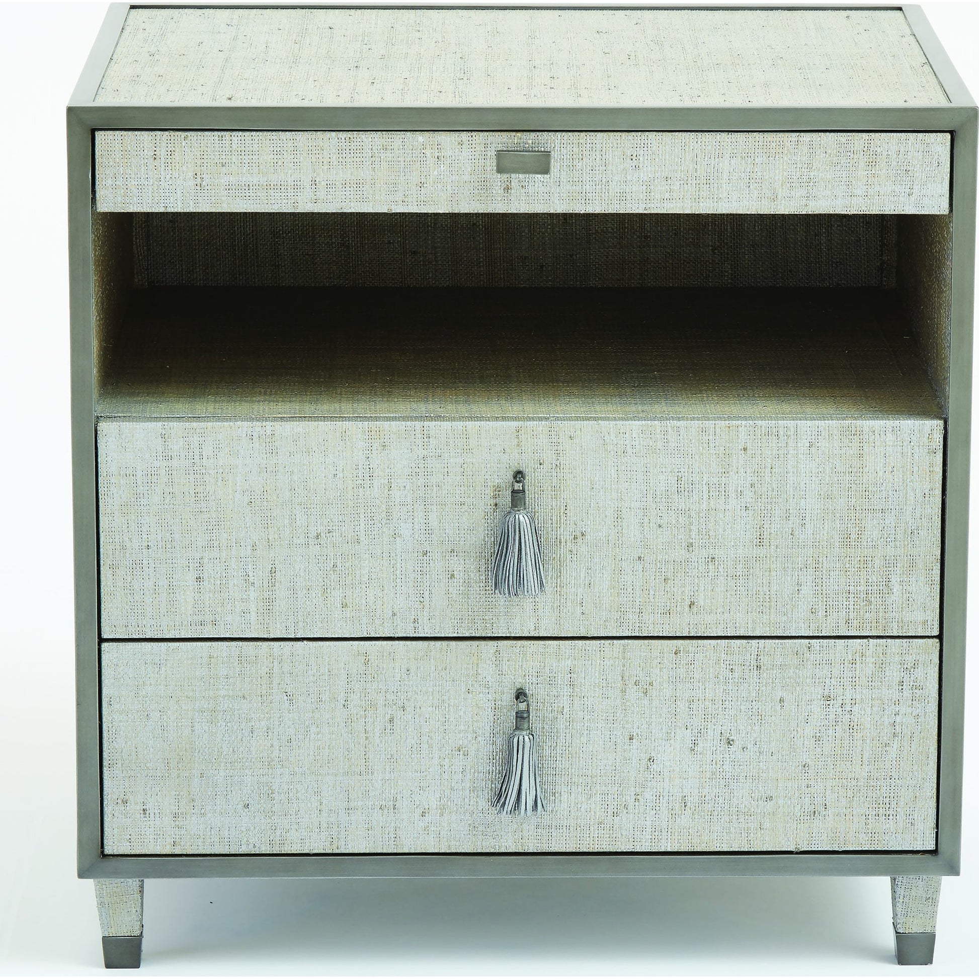 Argento Bedside Chest by Global Views in pewter. Made from acacia, beech, mdf, poplar, raffia, steel in a transitional style.