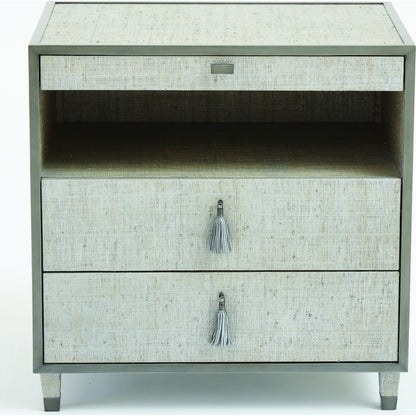 Argento Bedside Chest by Global Views in pewter. Made from acacia, beech, mdf, poplar, raffia, steel in a transitional style.
