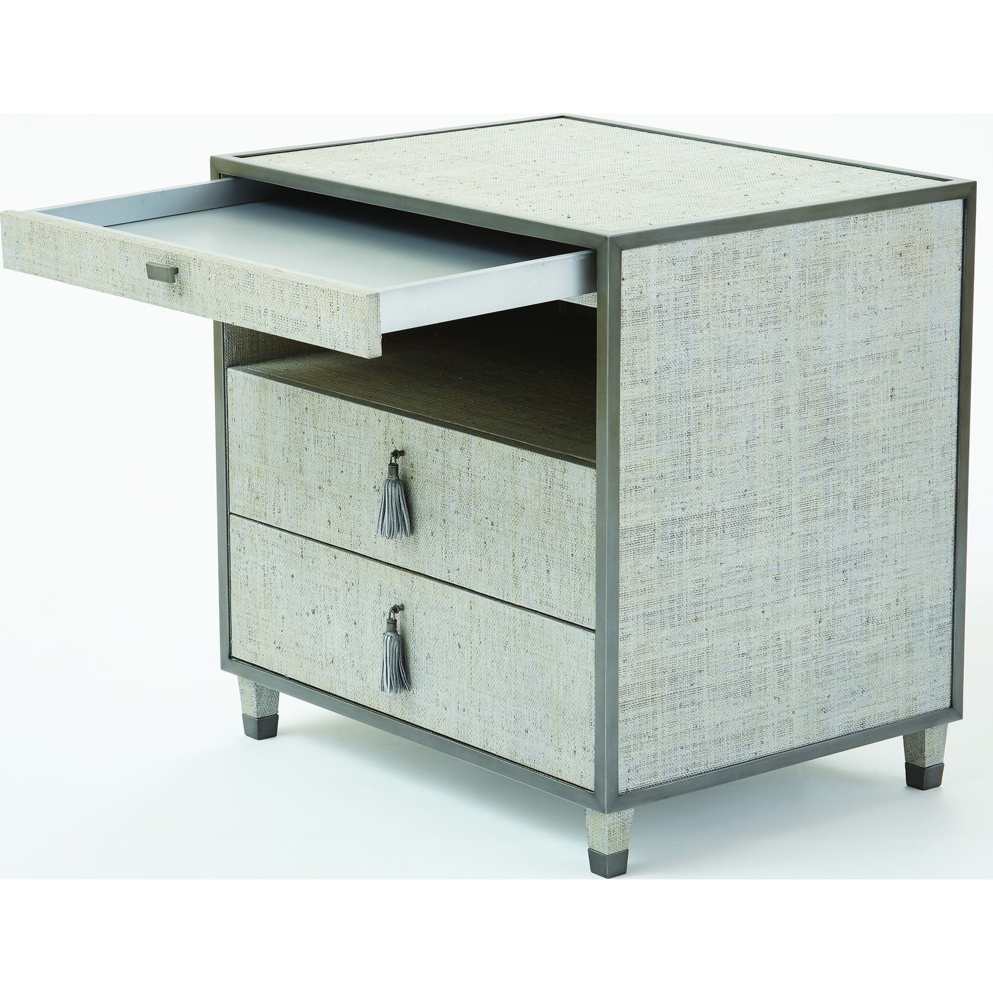 Argento Bedside Chest by Global Views in pewter. Made from acacia, beech, mdf, poplar, raffia, steel in a transitional style.