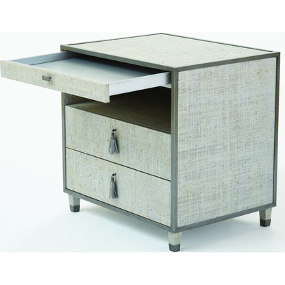Argento Bedside Chest by Global Views in pewter. Made from acacia, beech, mdf, poplar, raffia, steel in a transitional style.