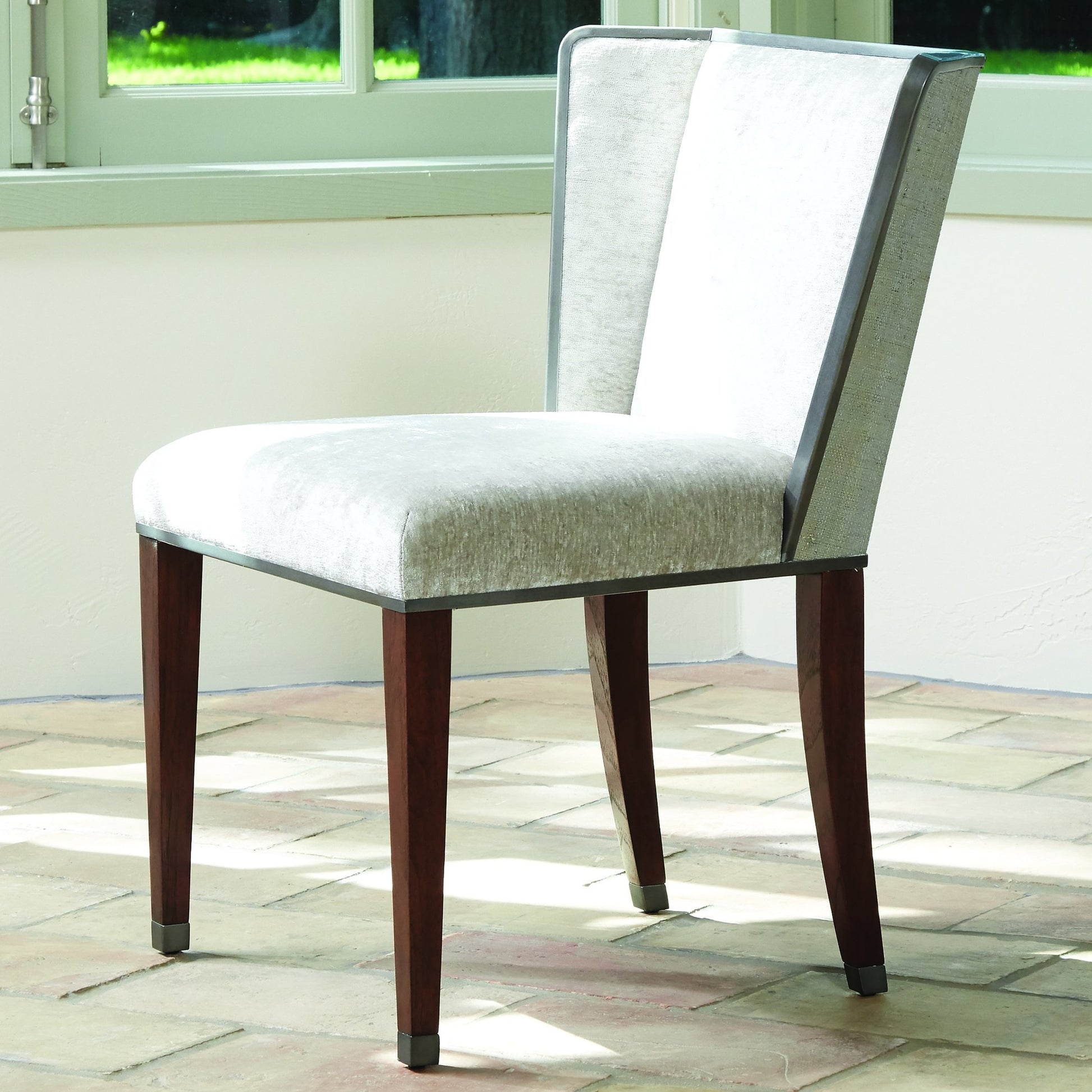 Argento Chair by Global Views in pewter. Made from acacia, beech, raffia, steel, velvet in a transitional style.