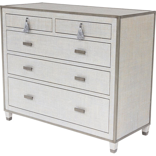 Argento Chest of Drawers by Global Views. Made from steel, raffia, leather in a transitional style.