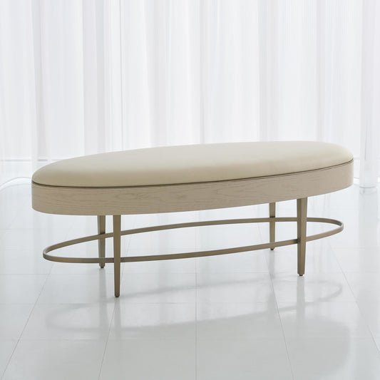 Ellipse Bench by Global Views in ivory, painted stainless steel. Made from mdf, stainless steel, leather, oak veneer in a transitional style.