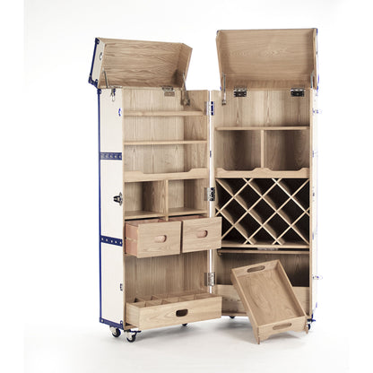 Sinclair Foldable Wine Cabinet by Zentique in white, blue and polyurethane vinyl. Made from stainless steel, solid chinese ash wood, blue pu in a transitional style.