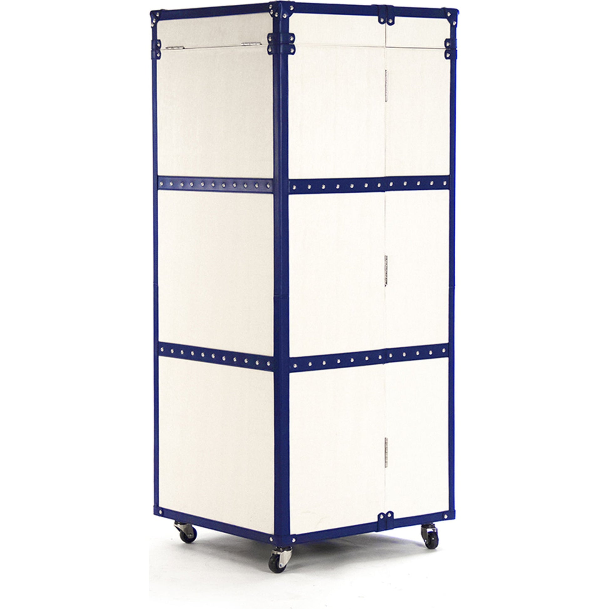 Sinclair Foldable Wine Cabinet by Zentique in white, blue and polyurethane vinyl. Made from stainless steel, solid chinese ash wood, blue pu in a transitional style.