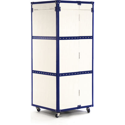 Sinclair Foldable Wine Cabinet by Zentique in white, blue and polyurethane vinyl. Made from stainless steel, solid chinese ash wood, blue pu in a transitional style.