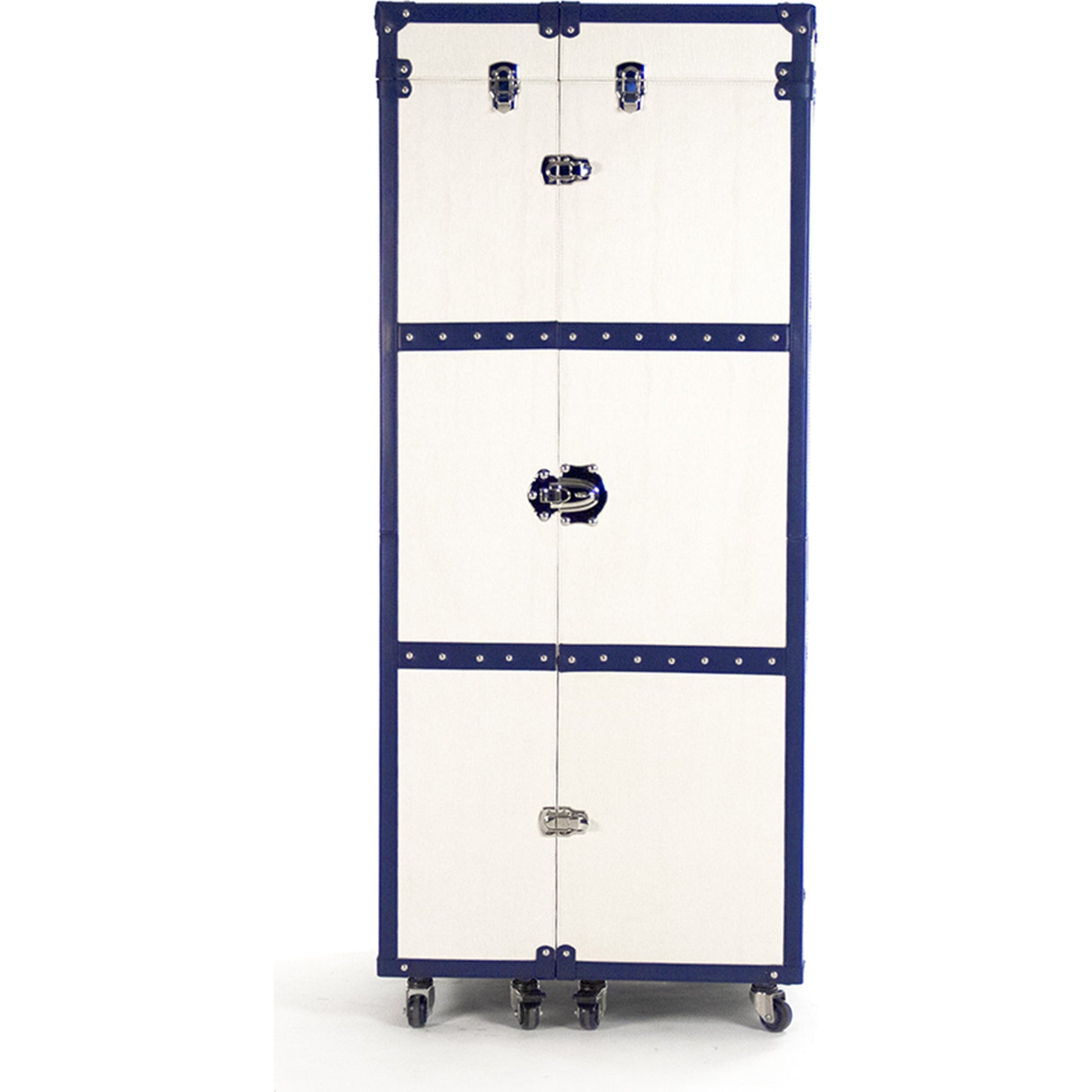 Sinclair Foldable Wine Cabinet by Zentique in white, blue and polyurethane vinyl. Made from stainless steel, solid chinese ash wood, blue pu in a transitional style.