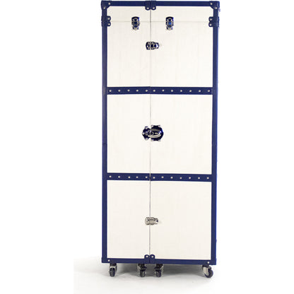 Sinclair Foldable Wine Cabinet by Zentique in white, blue and polyurethane vinyl. Made from stainless steel, solid chinese ash wood, blue pu in a transitional style.