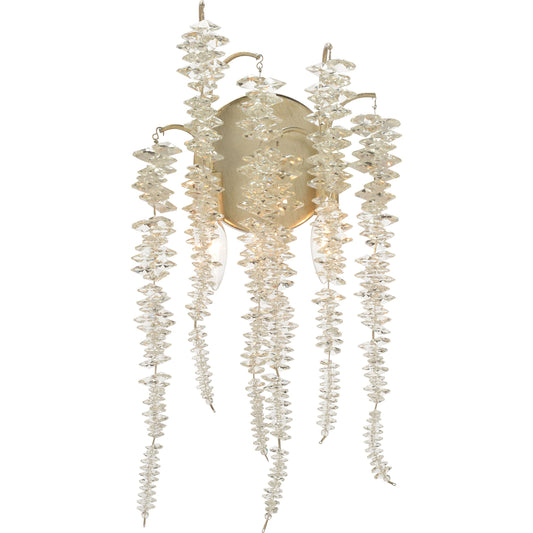 Cascading Crystal Wall Sconce by John-Richard in antique silver leaf. Made from iron, crystal in a coastal style.