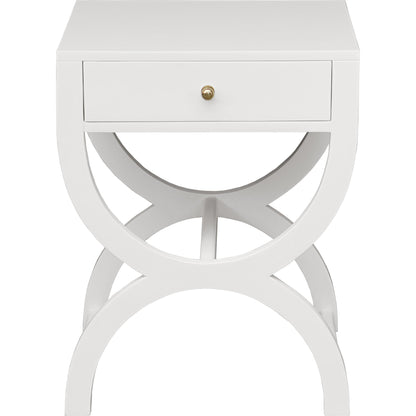 Alexis One Drawer Side Table by Worlds Away in white lacquer. Made from hardwood solids, mdf, metal in a transitional style.