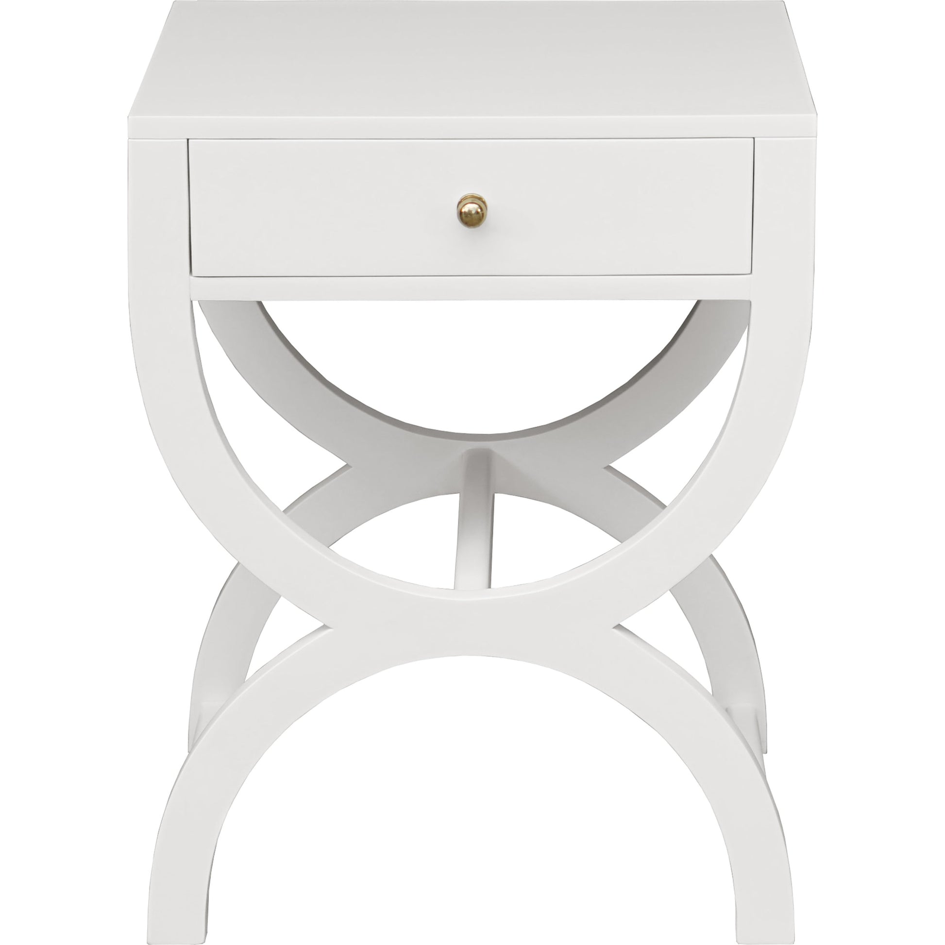 Alexis One Drawer Side Table by Worlds Away in white lacquer. Made from hardwood solids, mdf, metal in a transitional style.