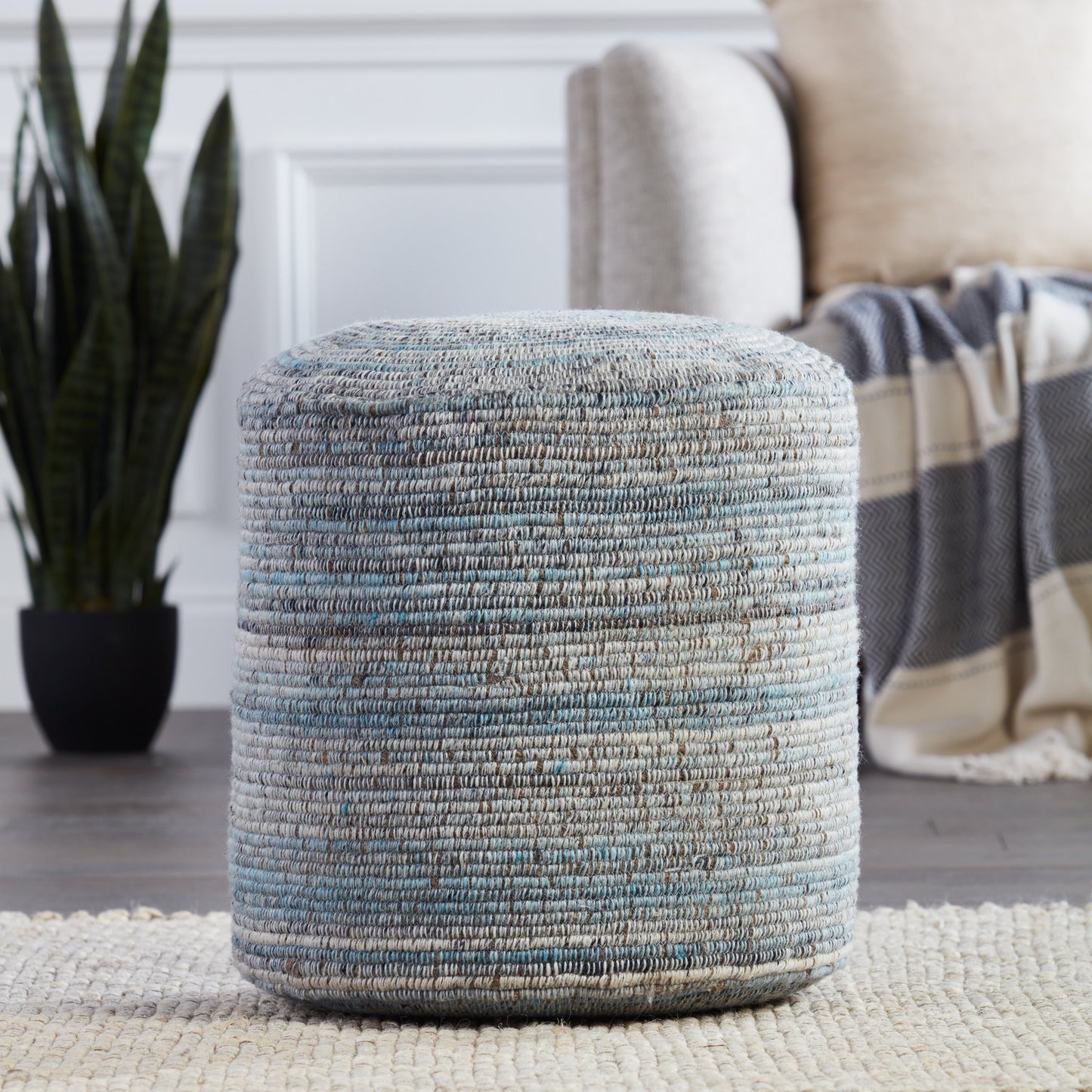 002 SR-861447 | Lifestyle | Amarillo AMR01 Pouf by Jaipur Living in light blue, gray. Made from 60% polyester, 40% wool in a eclectic & global style.