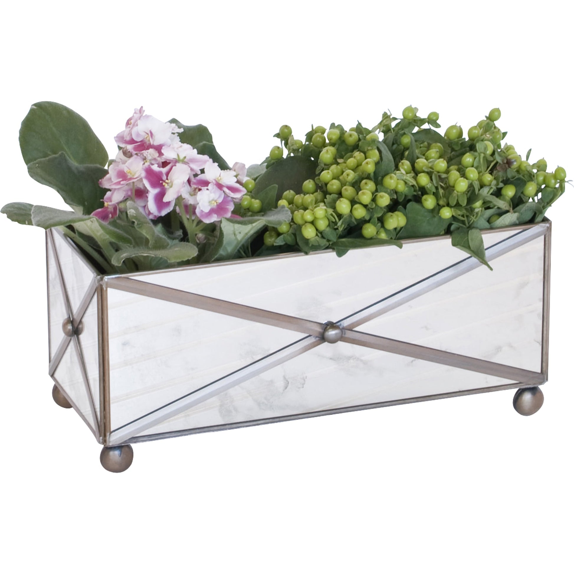 Crosshatch Antique Mirror Planter by Worlds Away in mirror and mirror. Made from metal, glass in a transitional style.