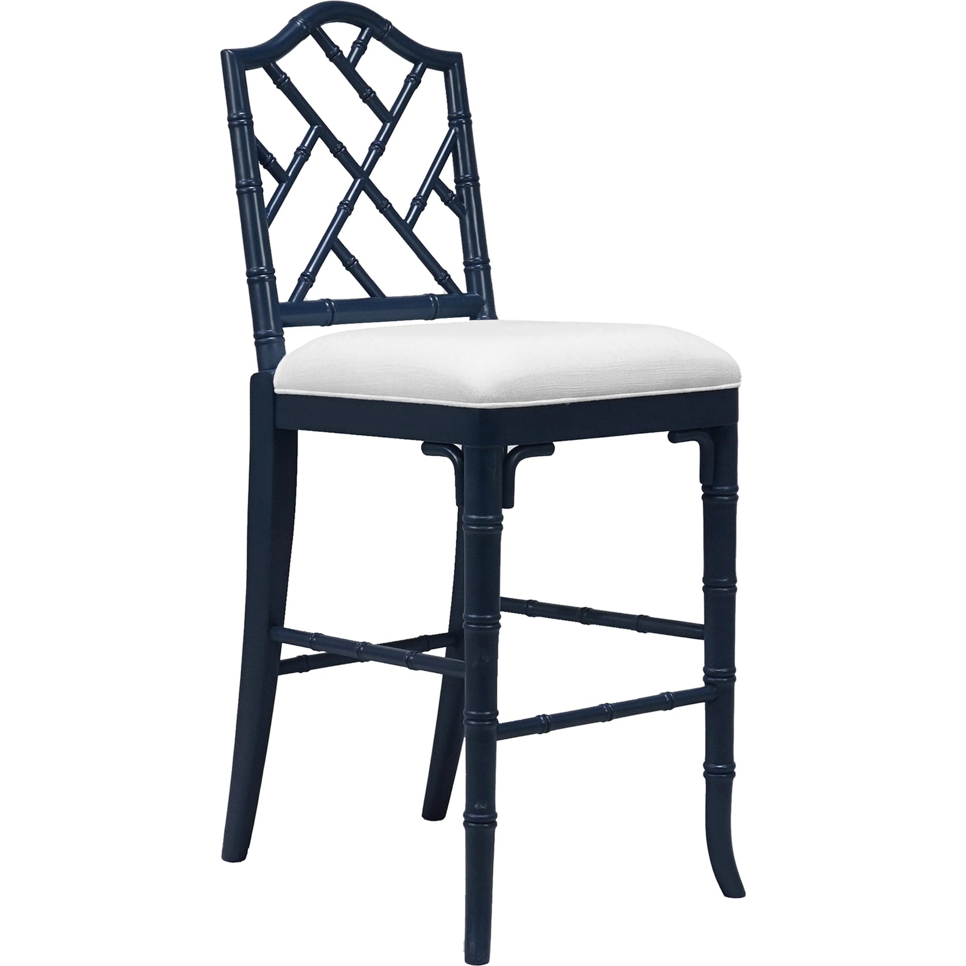 Annette Counter Stool by Worlds Away in matte white. Made from hardwood solids, plywood, foam, dacron, fabric in a coastal style.