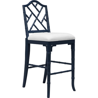 Annette Counter Stool by Worlds Away in matte white. Made from hardwood solids, plywood, foam, dacron, fabric in a coastal style.