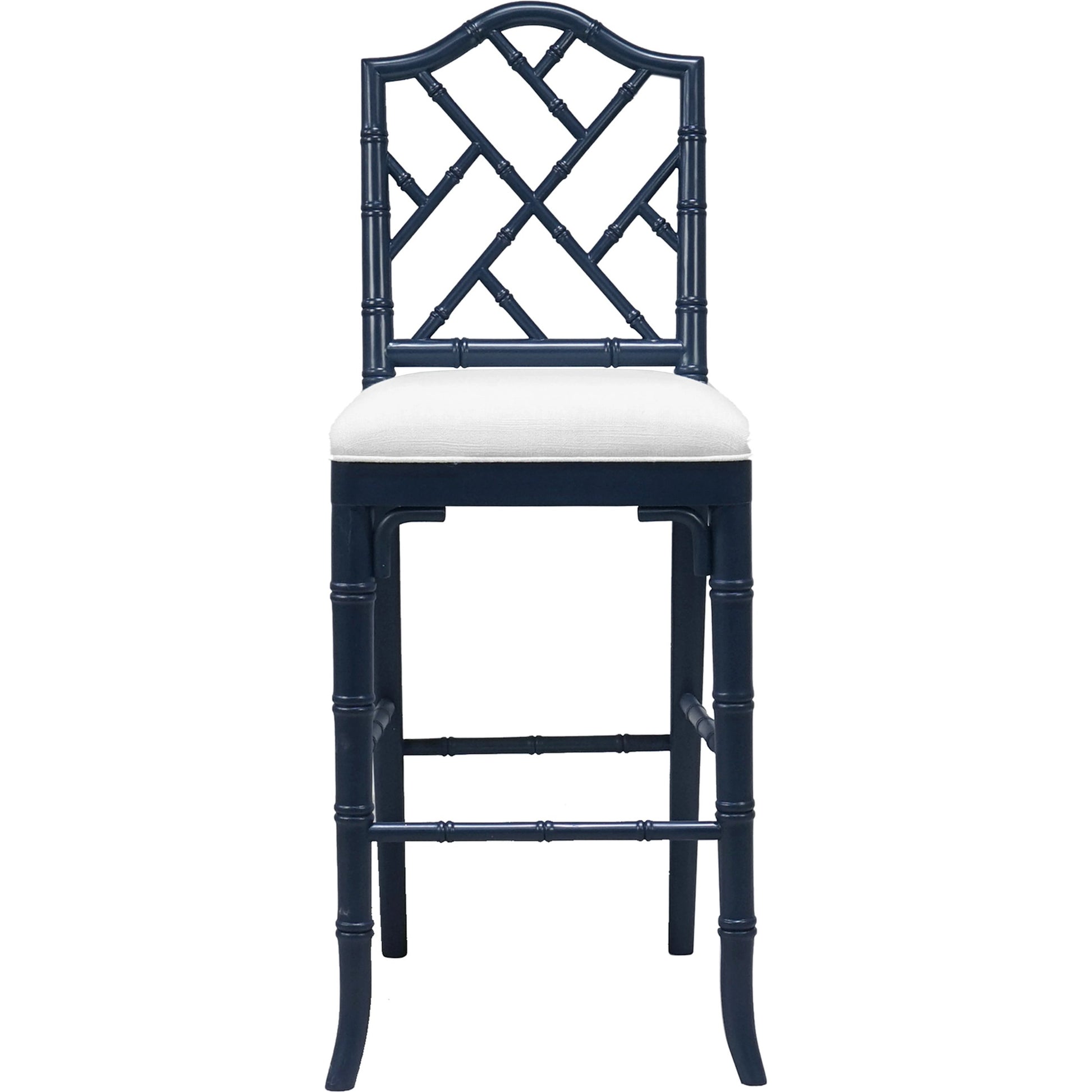 Annette Counter Stool by Worlds Away in matte white. Made from hardwood solids, plywood, foam, dacron, fabric in a coastal style.