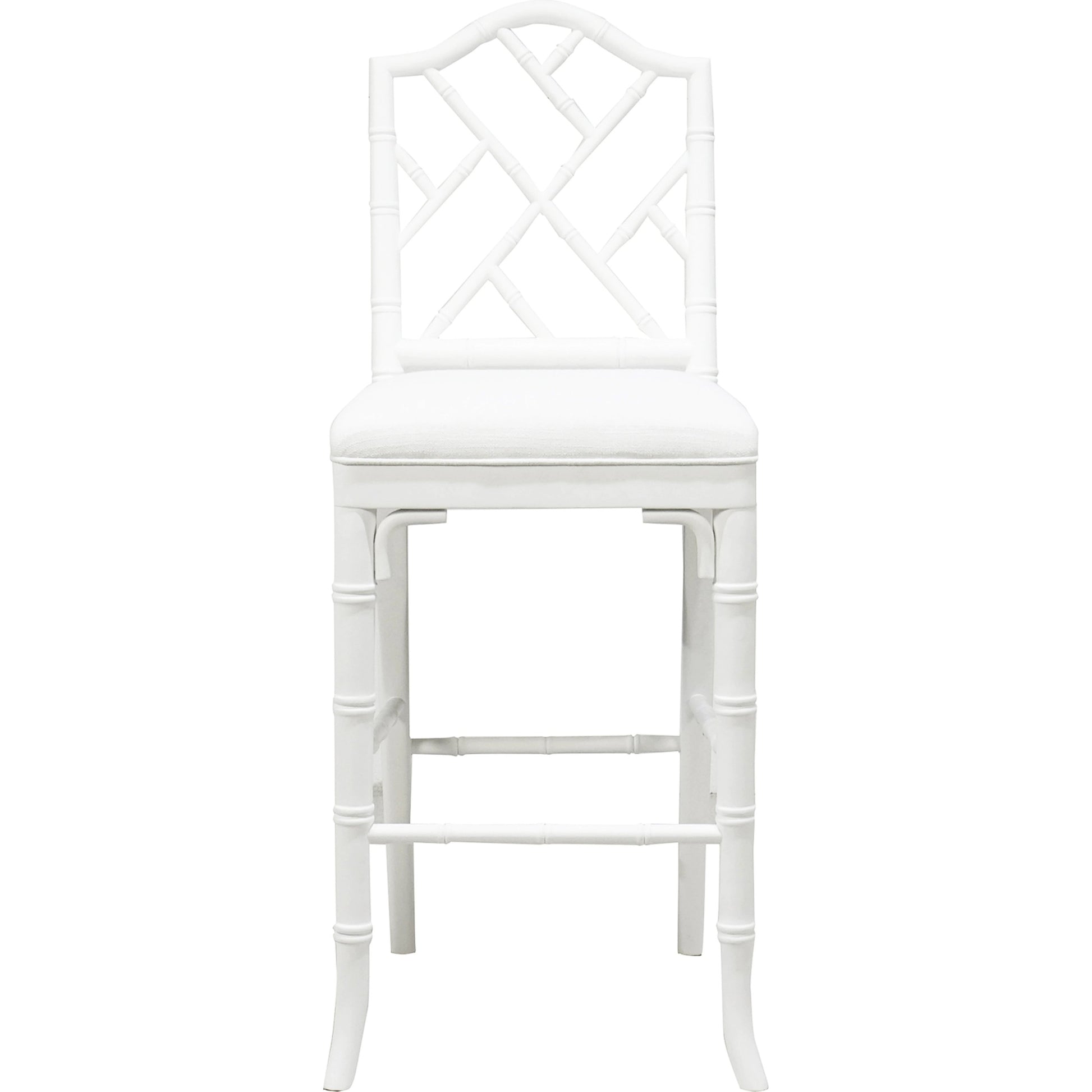Annette Counter Stool by Worlds Away in matte white. Made from hardwood solids, plywood, foam, dacron, fabric in a coastal style.