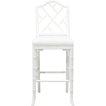 Annette Counter Stool by Worlds Away in matte white. Made from hardwood solids, plywood, foam, dacron, fabric in a coastal style.