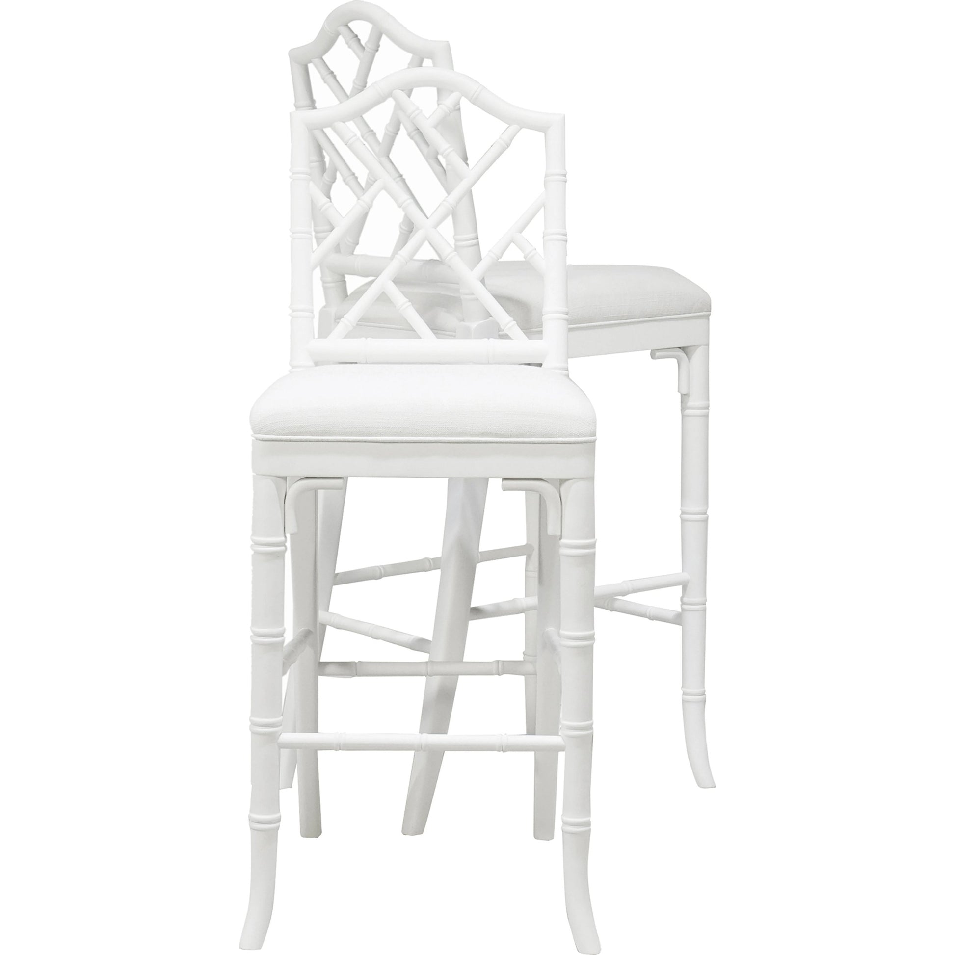 Annette Counter Stool by Worlds Away in matte white. Made from hardwood solids, plywood, foam, dacron, fabric in a coastal style.