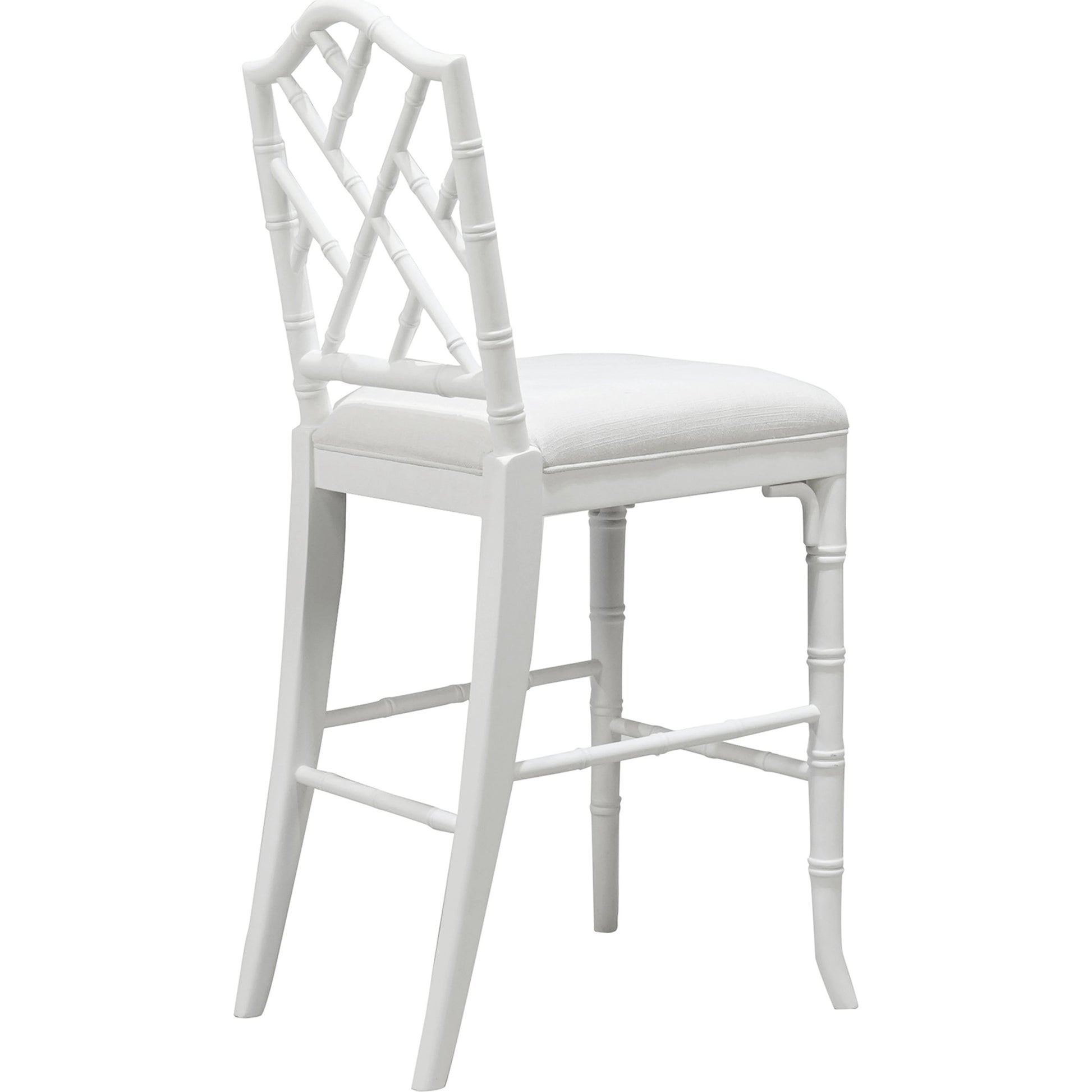 Annette Counter Stool by Worlds Away in matte white. Made from hardwood solids, plywood, foam, dacron, fabric in a coastal style.