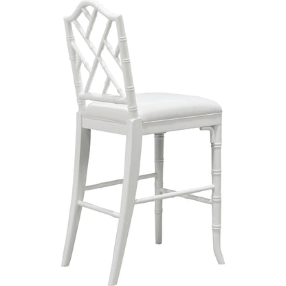 Annette Counter Stool by Worlds Away in matte white. Made from hardwood solids, plywood, foam, dacron, fabric in a coastal style.