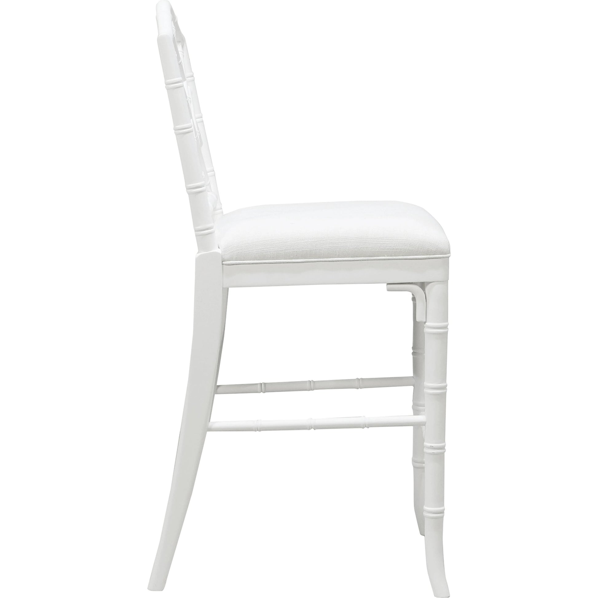 Annette Counter Stool by Worlds Away in matte white. Made from hardwood solids, plywood, foam, dacron, fabric in a coastal style.