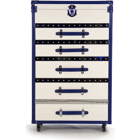 Adalyn Cabinet by Zentique in white, blue and polyurethane vinyl. Made from stainless steel, solid chinese ash wood, blue pu in a transitional style.