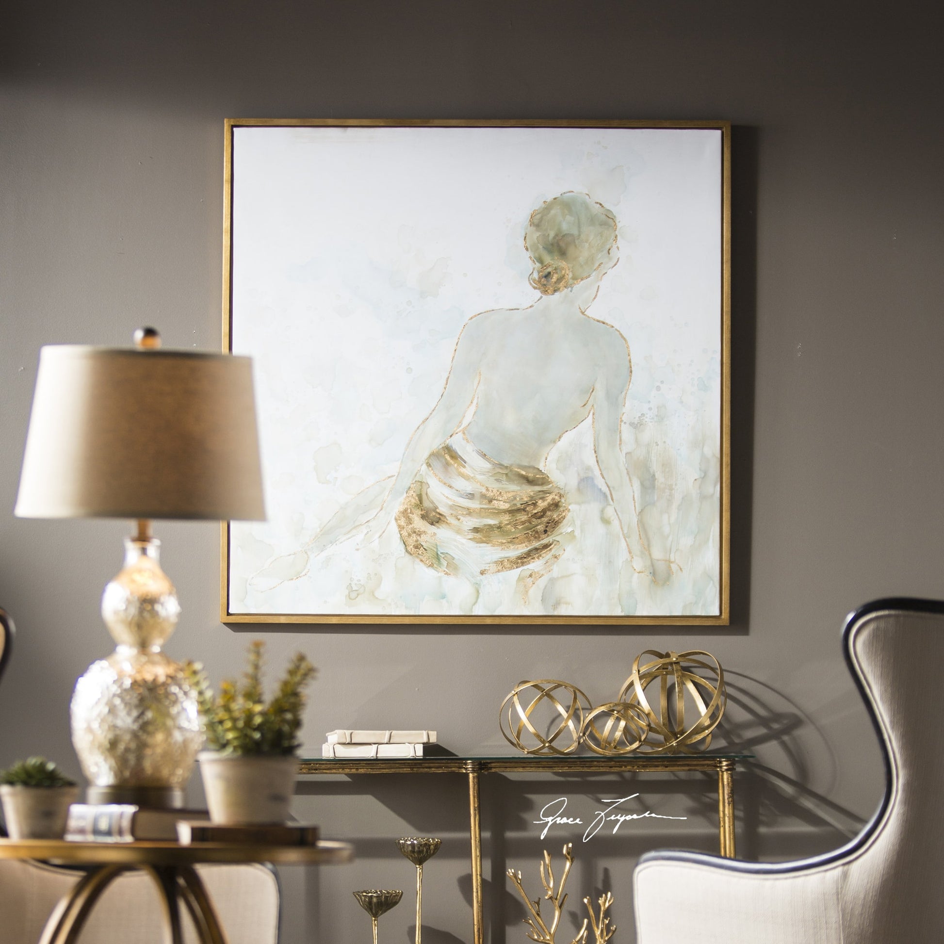 Gold Highlights Feminine Art by Uttermost in multi and gold. Made from pine, canvas, acrylic in a transitional style.