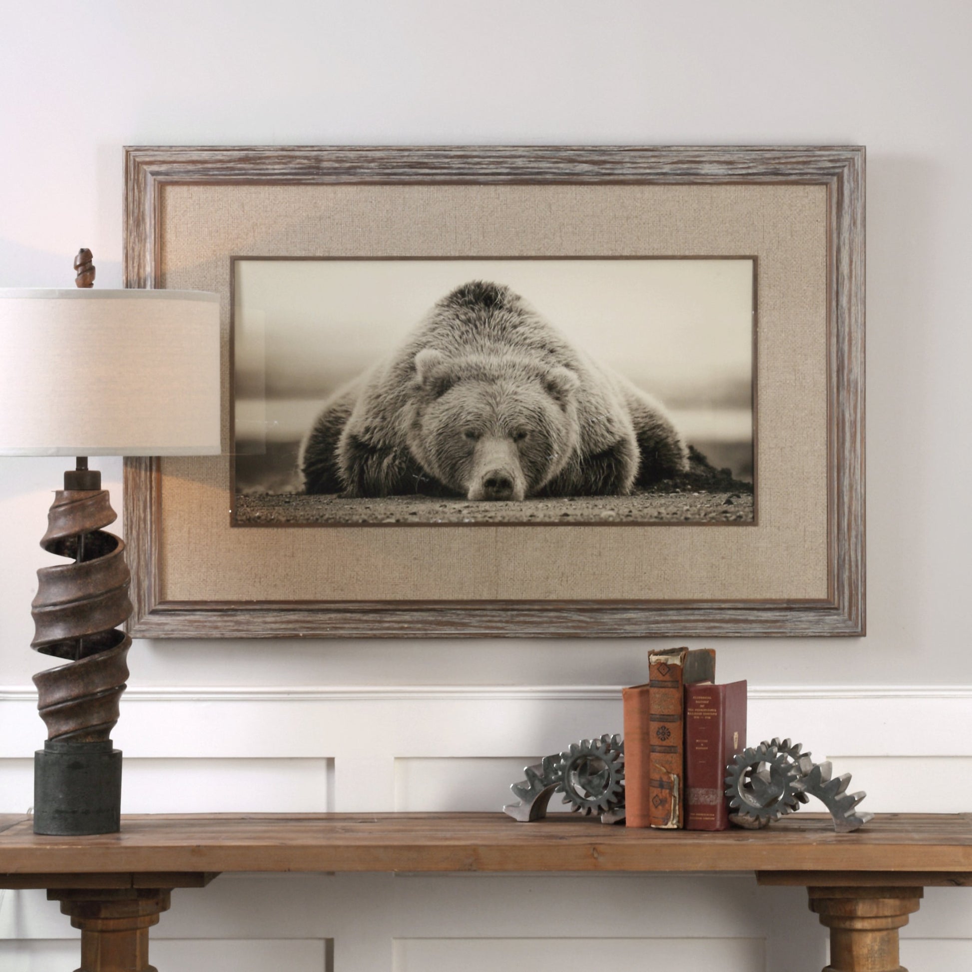 Deep Sleep Bear Print by Uttermost in multi. Made from pine wood, glass in a rustic style.
