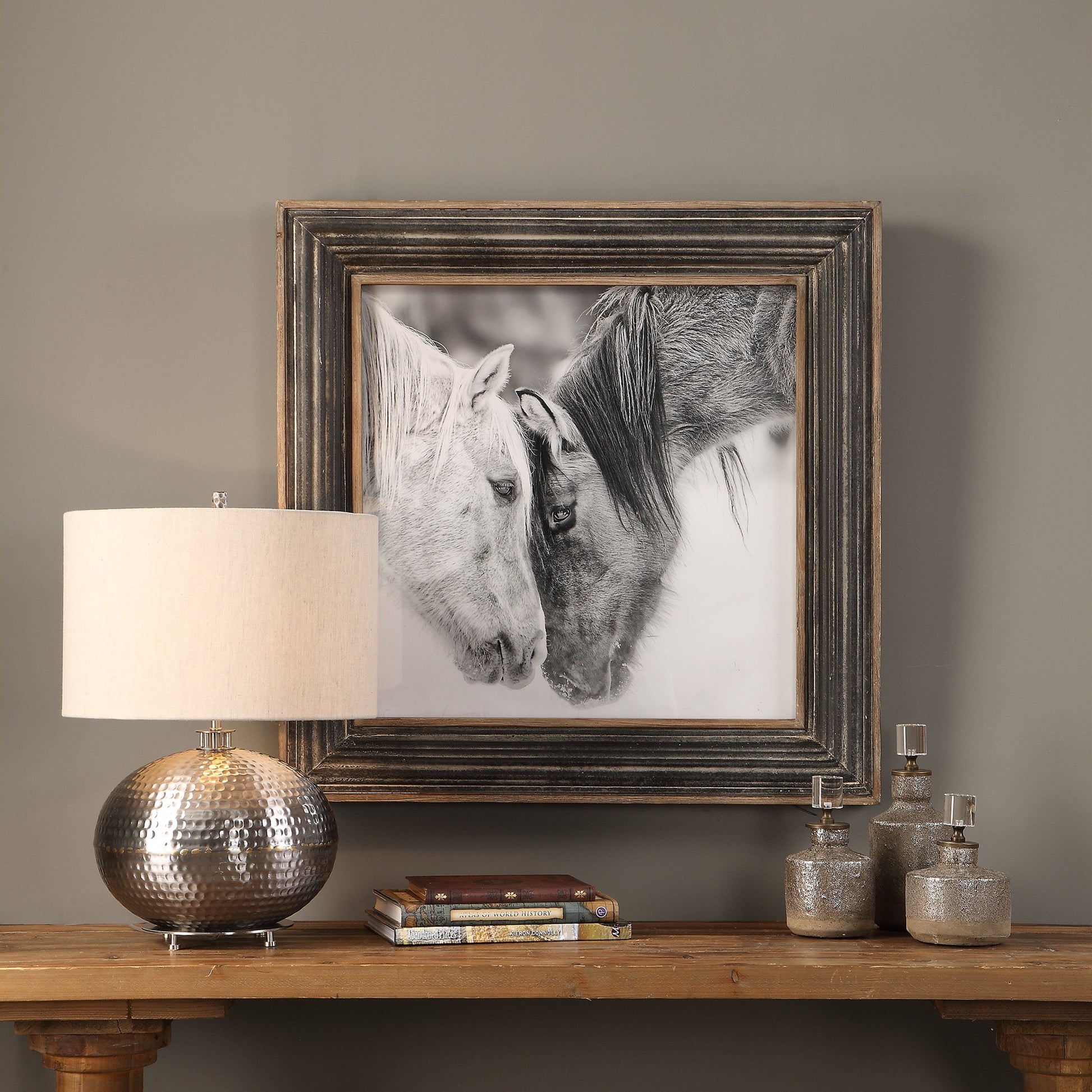 Black and White Horses Print by Uttermost in multi and black. Made from mdf, glass, iron, paper in a rustic style.