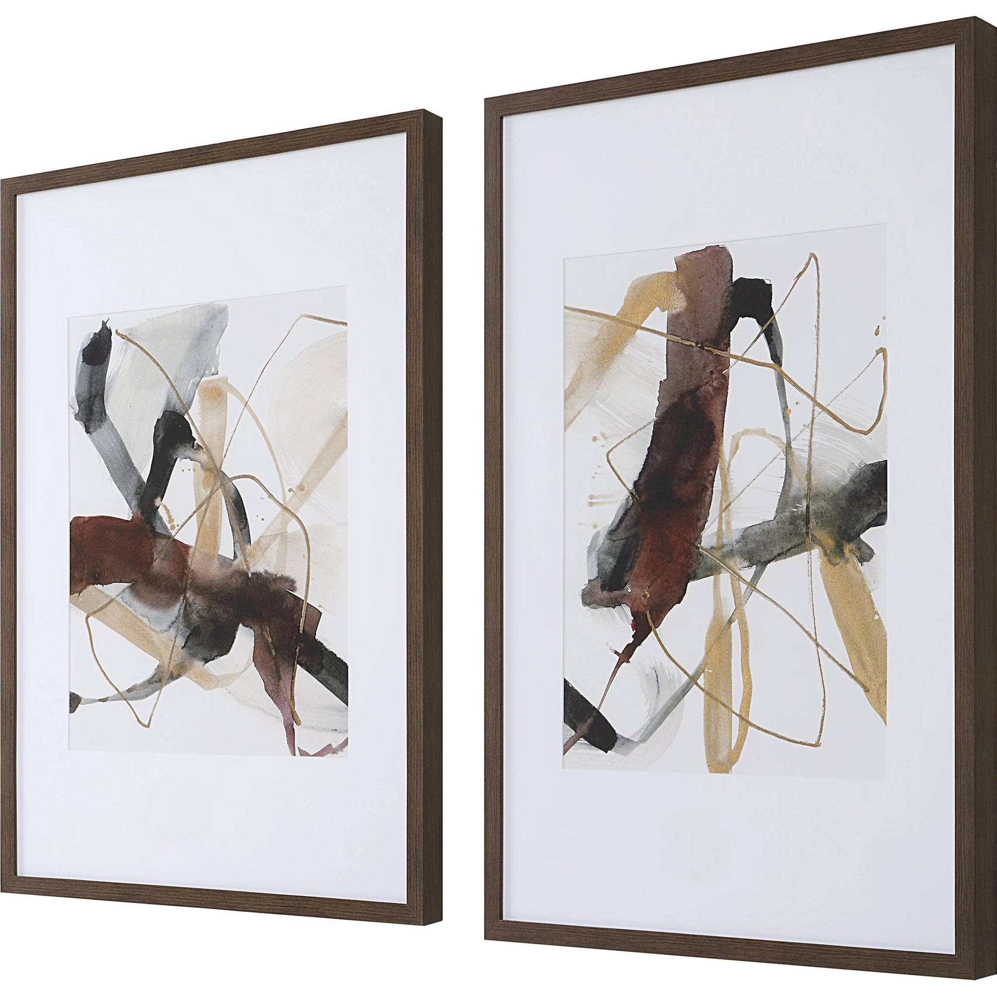 Burgundy Interjection Abstract Prints by Uttermost in multi and dark walnut. Made from plastic, glass, paper in a transitional style.