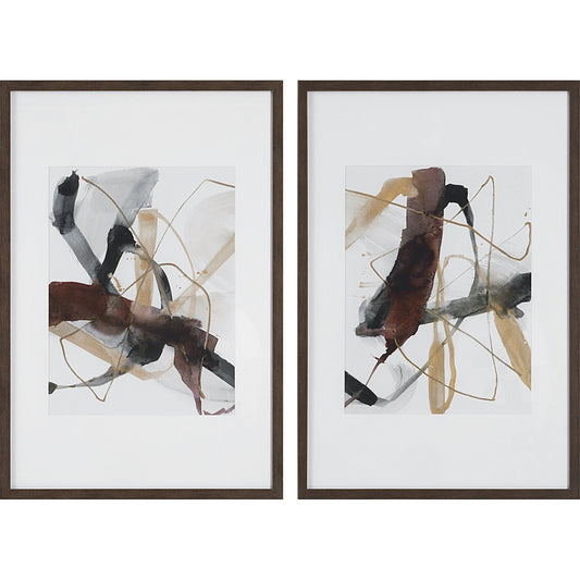 Burgundy Interjection Abstract Prints by Uttermost in multi and dark walnut. Made from plastic, glass, paper in a transitional style.