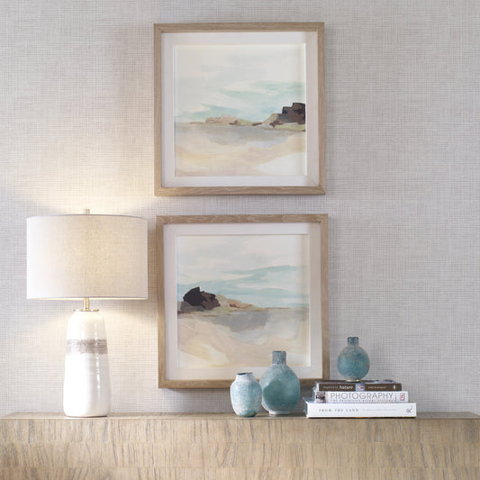 Glacial Coast Framed Prints by Uttermost in multi and natural pine. Made from pine, mdf, veneer, linen in a coastal style.