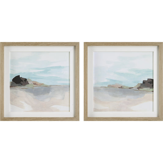 Glacial Coast Framed Prints by Uttermost in multi and natural pine. Made from pine, mdf, veneer, linen in a coastal style.