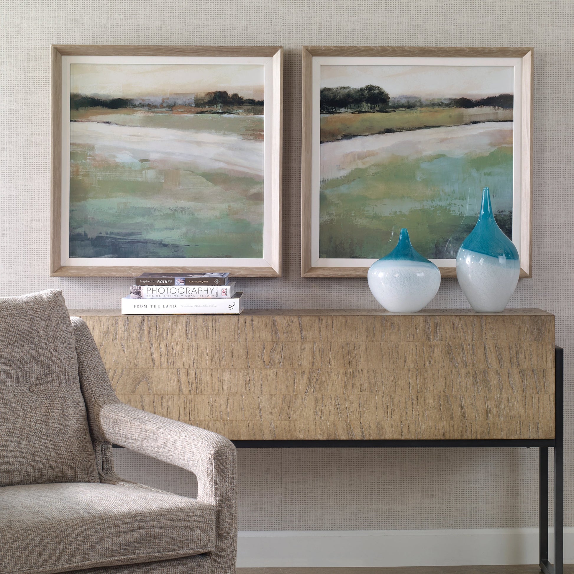 Vivid Vista Framed Prints by Uttermost in multi and light white wash. Made from pine, mdf, veneer, linen in a modern style.