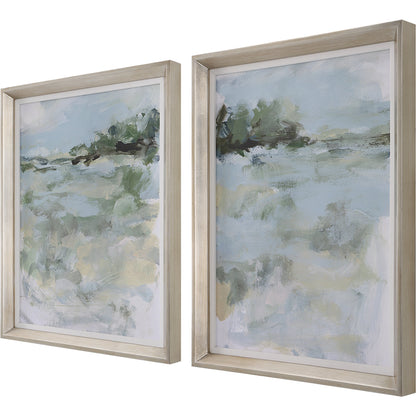 Far Away View Framed Prints by Uttermost in multi and champagne silver. Made from pine, mdf, linen, paper in a modern style.
