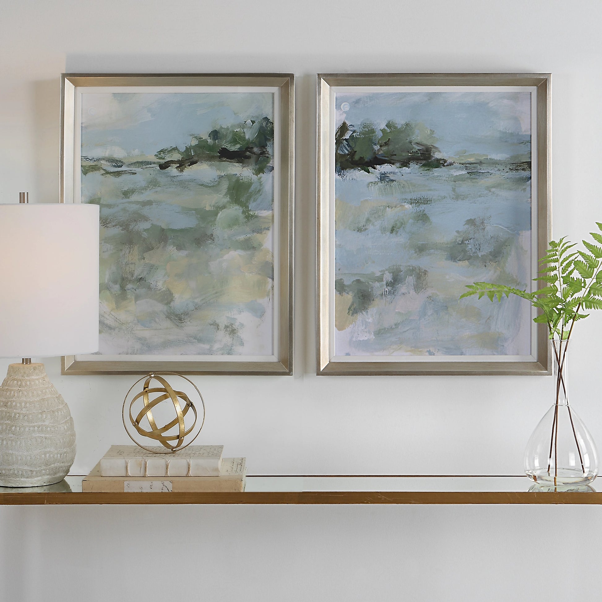 Far Away View Framed Prints by Uttermost in multi and champagne silver. Made from pine, mdf, linen, paper in a modern style.