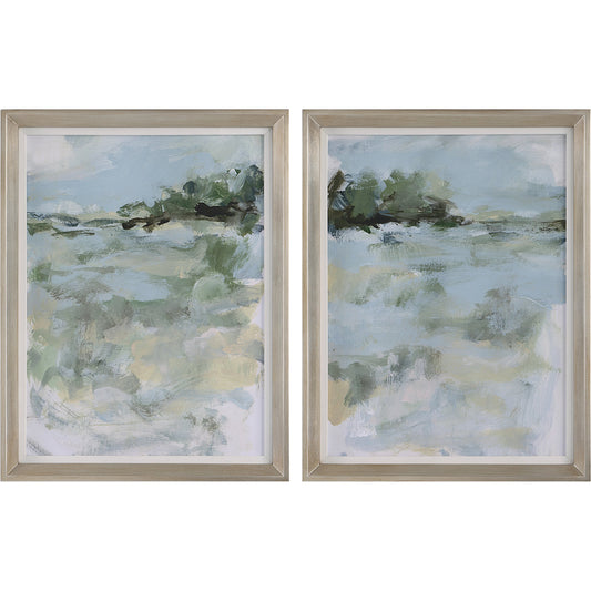 Far Away View Framed Prints by Uttermost in multi and champagne silver. Made from pine, mdf, linen, paper in a modern style.