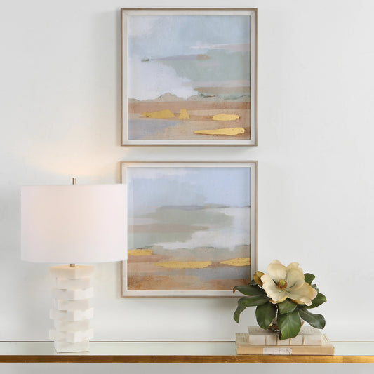 Abstract Coastline Framed Prints by Uttermost in multi. Made from pine, glass, mdf, veneer, lin en, paper in a coastal style.