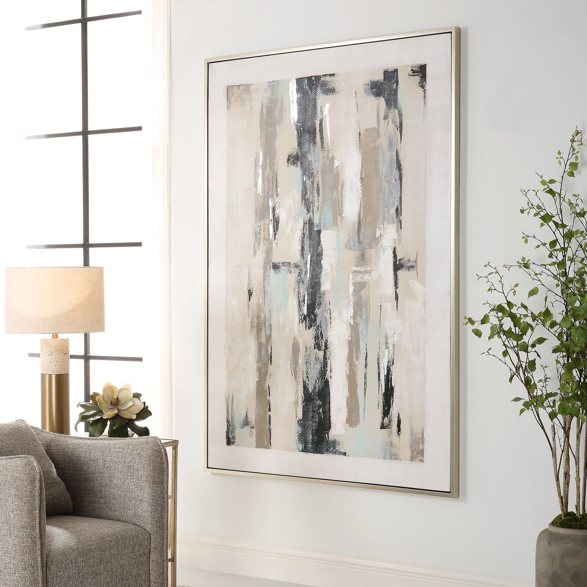 Placidity Hand Painted Canvas by Uttermost in multi and brushed silver. Made from canvas, pine wood, acrylic, plastic in a modern style.
