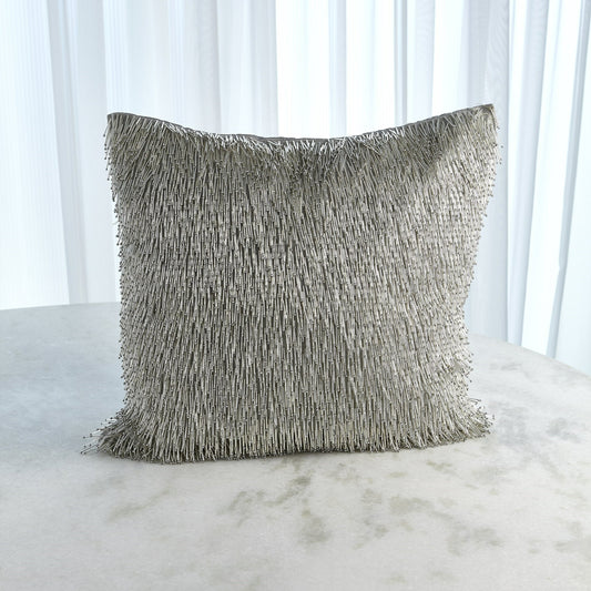 Shimmy Fringe Pillow by Global Views in silver and silver. Made from polyester with cotton lining fitted with glass beads in a transitional style.